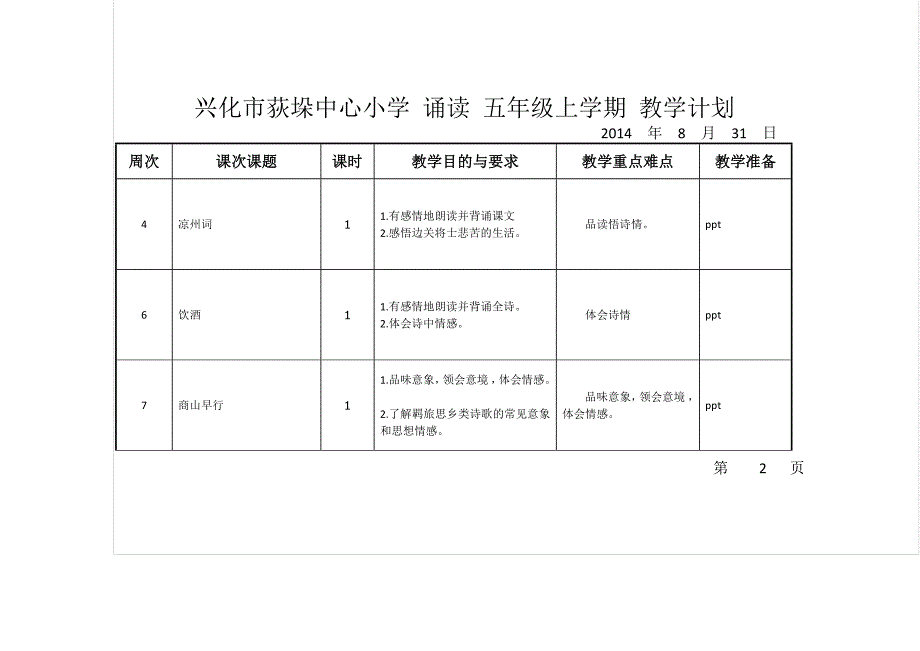 五年级上诵读教学计划_第2页