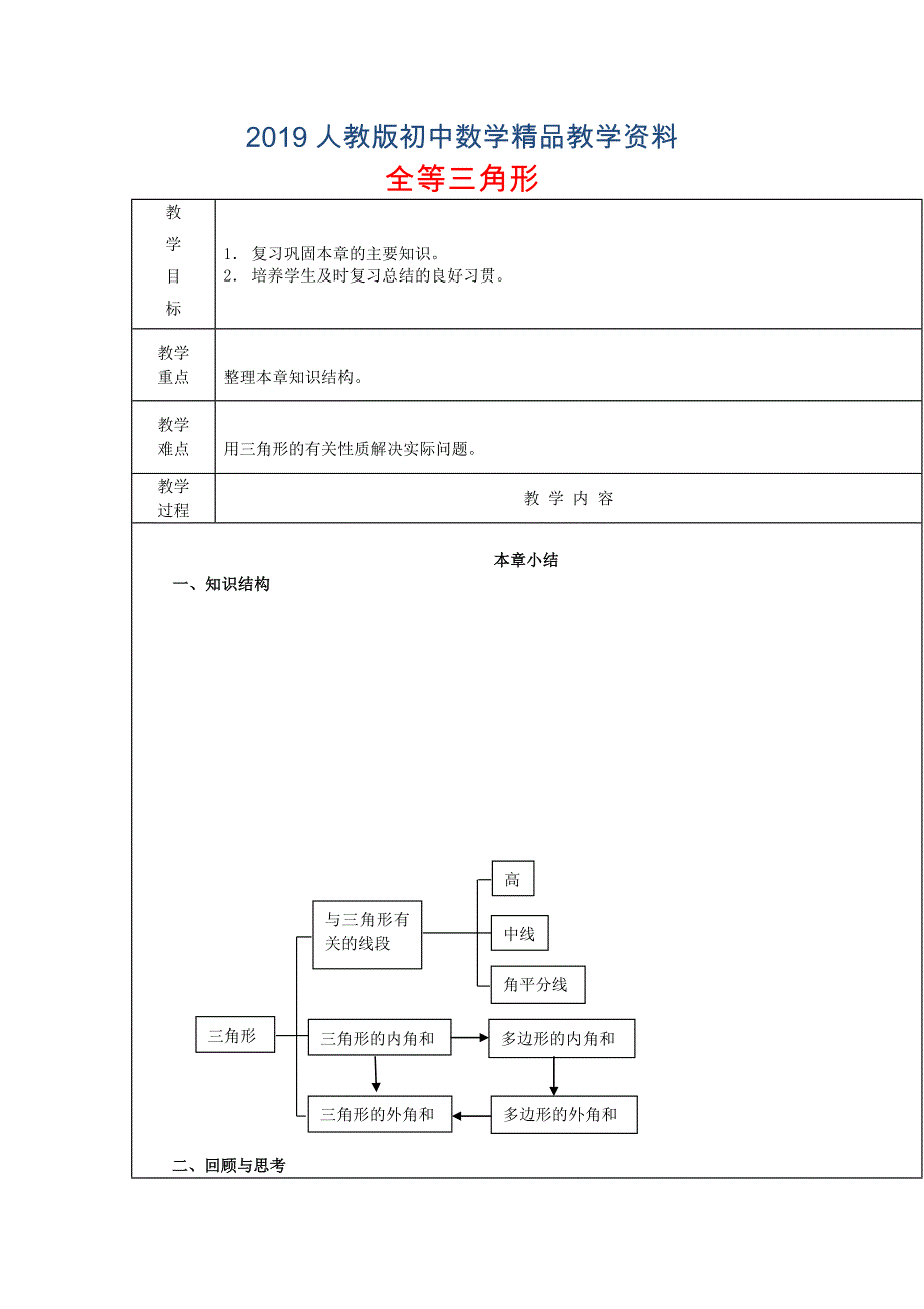 人教版 小学8年级 数学上册 第8课时第11章三角形小结教案_第1页