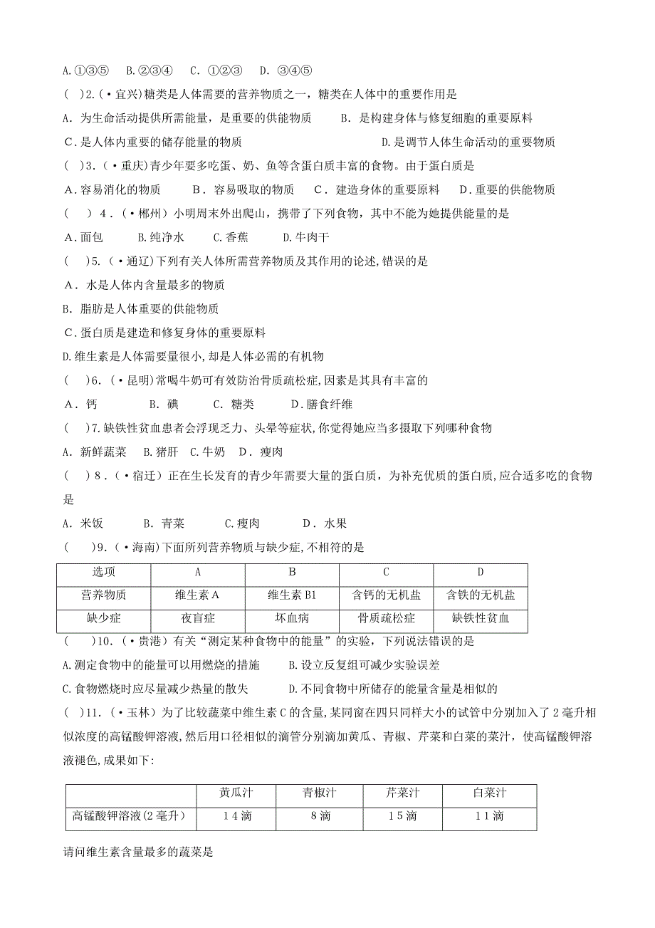 广东省中山市中考生物专题复习第四单元生物圈中的人人体的营养_第4页