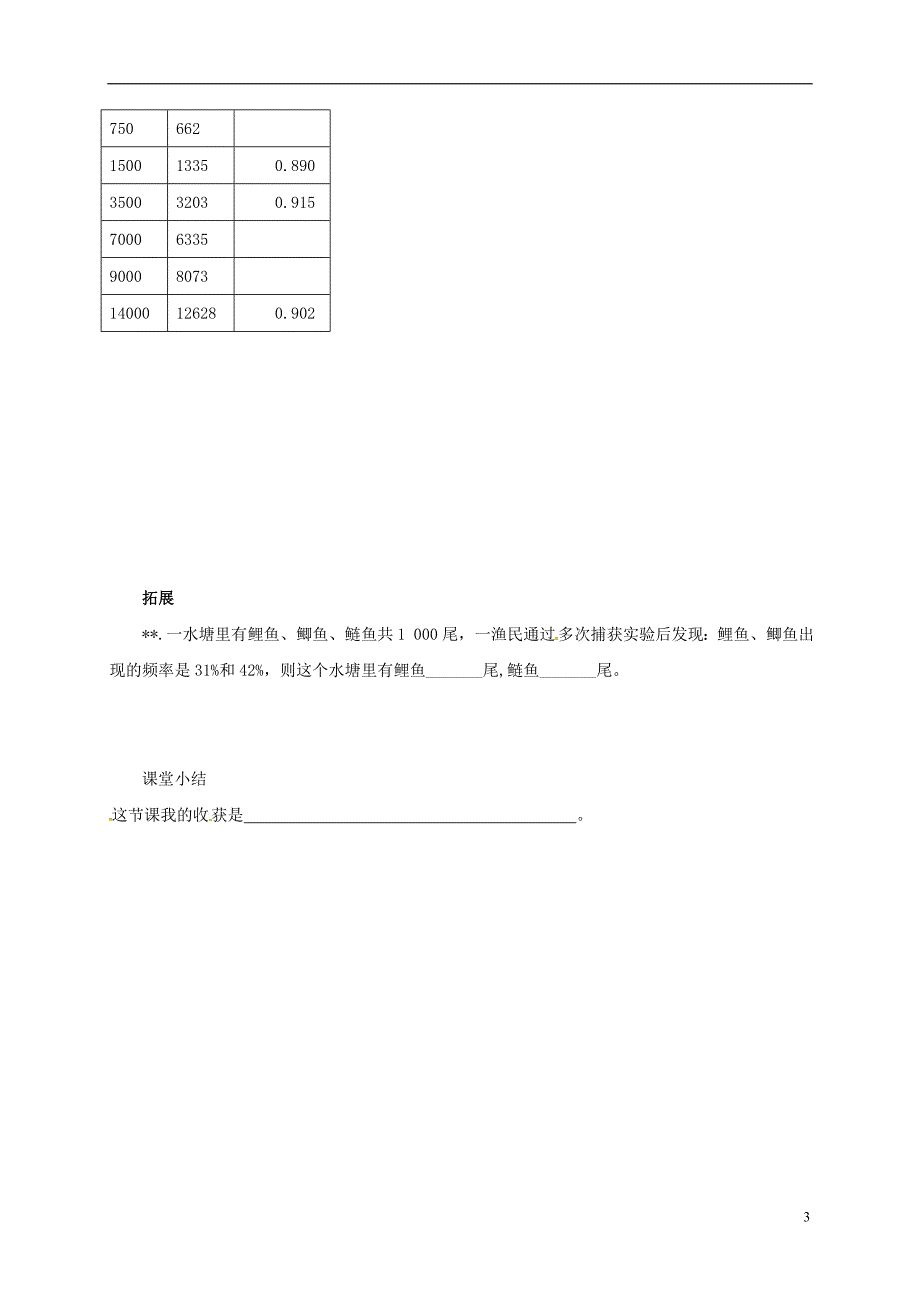 河北省南宫市九年级数学上册 第二十五章 概率初步 25.3 用频率估计概率学案（无答案）（新版）新人教版_第3页