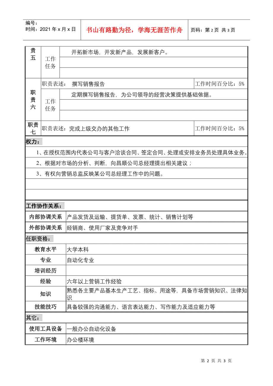 某化纤企业分公司华南及其它区域经理职务说明书_第2页