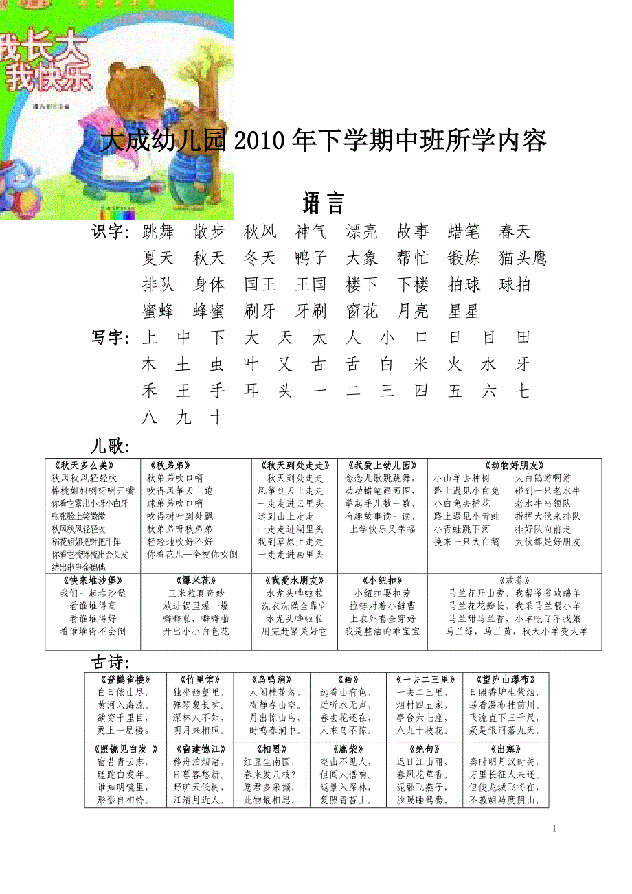 大成幼儿园2010年下学期中班2所学内容.doc_第1页