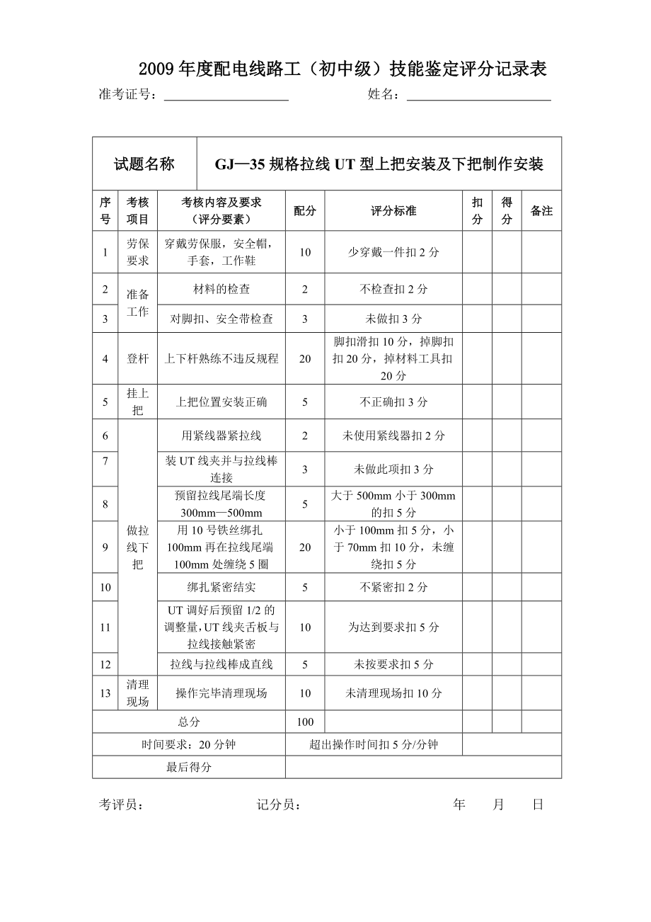 原创配电线路工电工技能鉴定评分记录表多年汇总_第3页