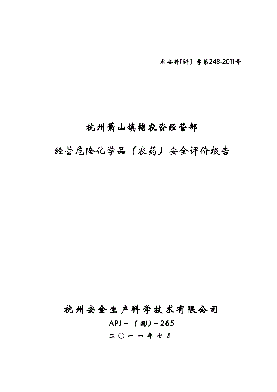 杭州萧山镇楠农资经营部安评报告_第1页