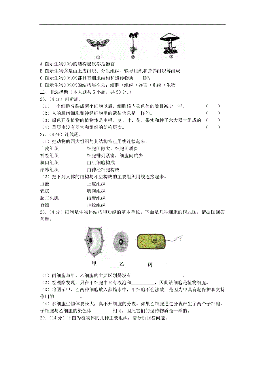 中学教材全解七年级生物上册2.2细胞怎样构成生物体检测题无答案新人教版_第4页