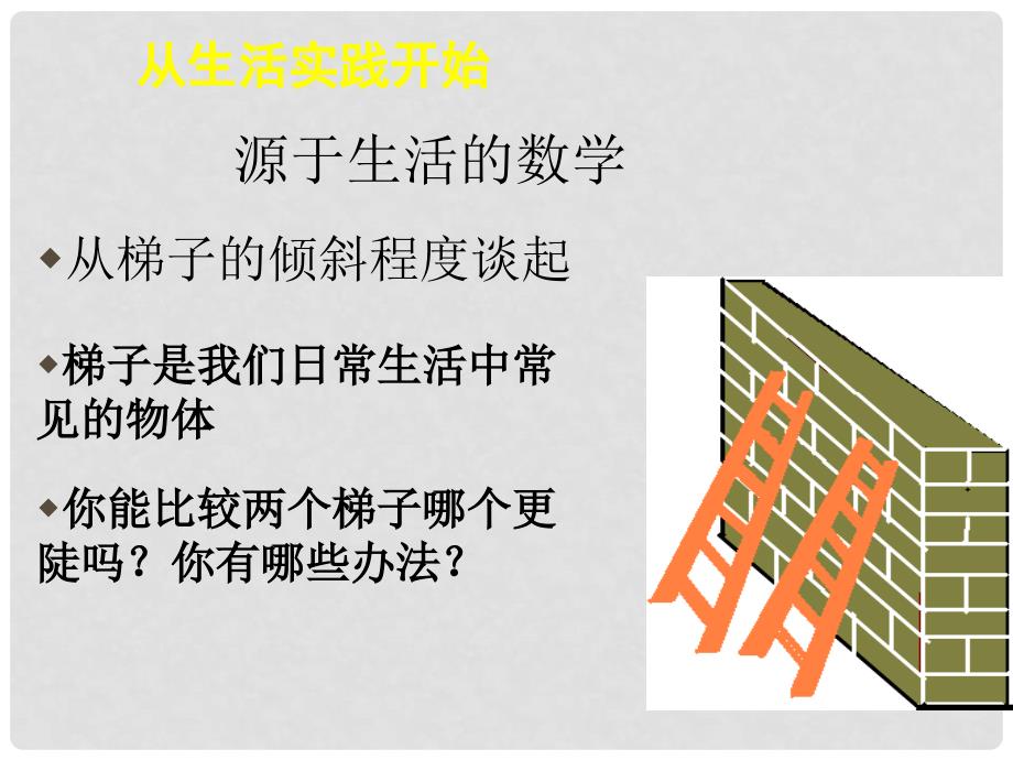 辽宁省凌海市石山初级中学九年级数学下册 第一章 第一节 从梯子的倾斜程度谈起课件（2） 北师大版_第4页