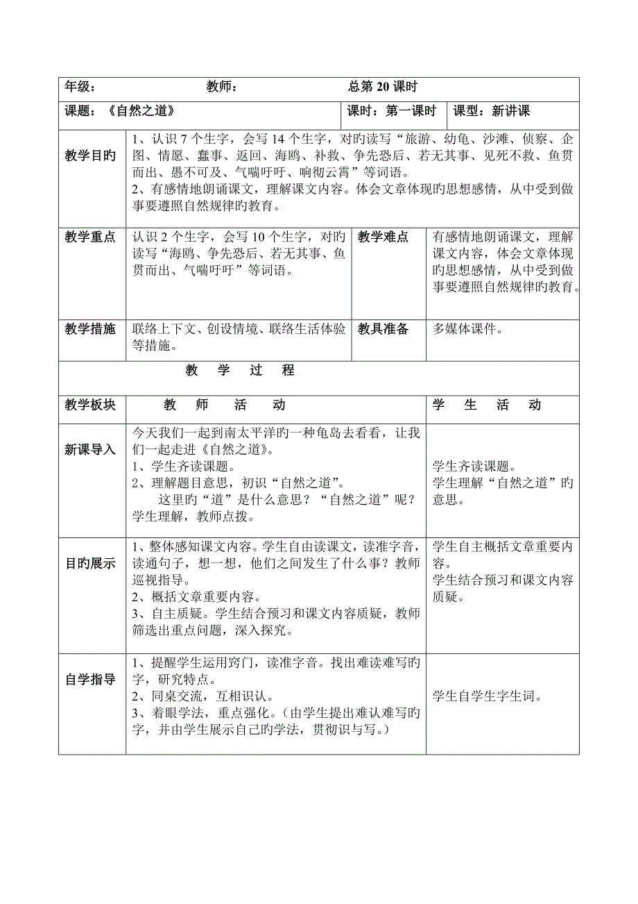 人教版小学四年级语文下册表格式教案_第1页