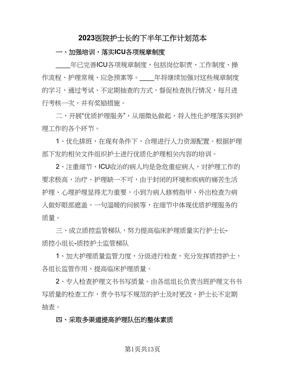 2023医院护士长的下半年工作计划范本（5篇）_第1页