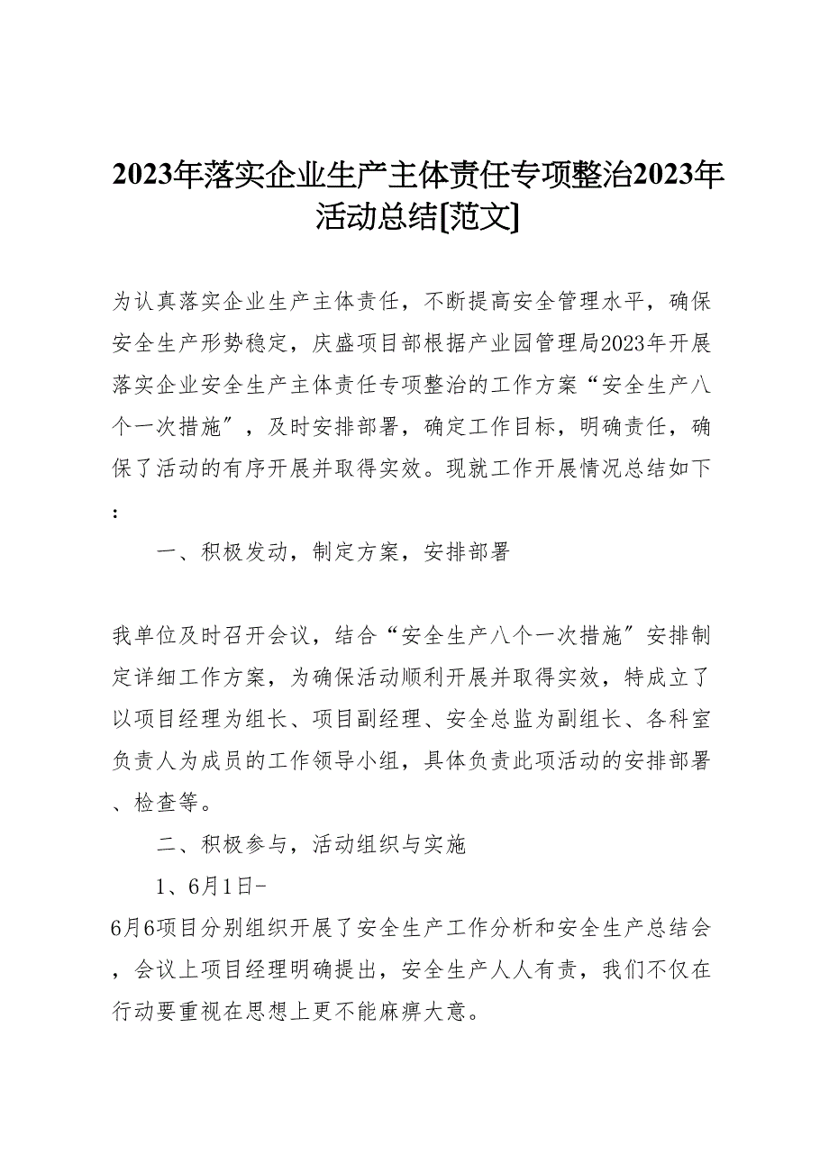 2023年落实企业生产主体责任专项整治活动汇报总结.doc_第1页