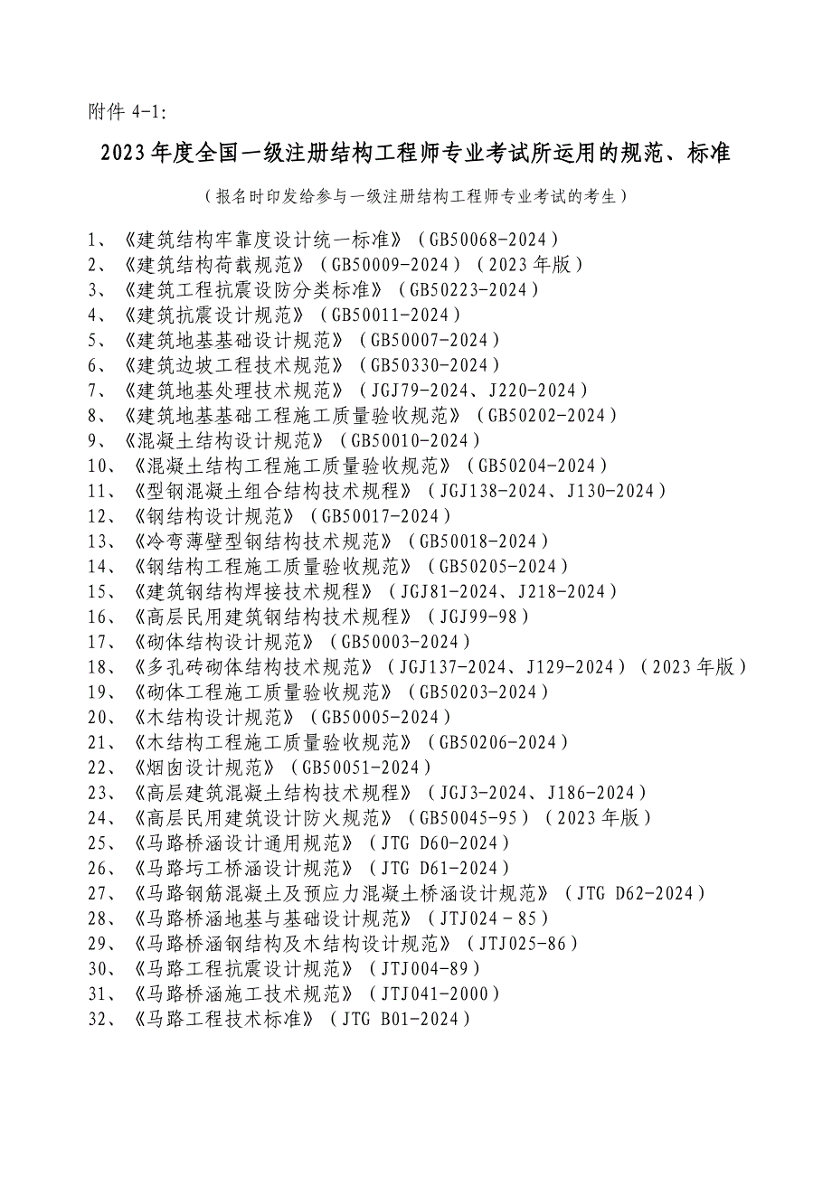 2023年度全国一级注册结构工程师专业考试所使用的规范、标准_第1页