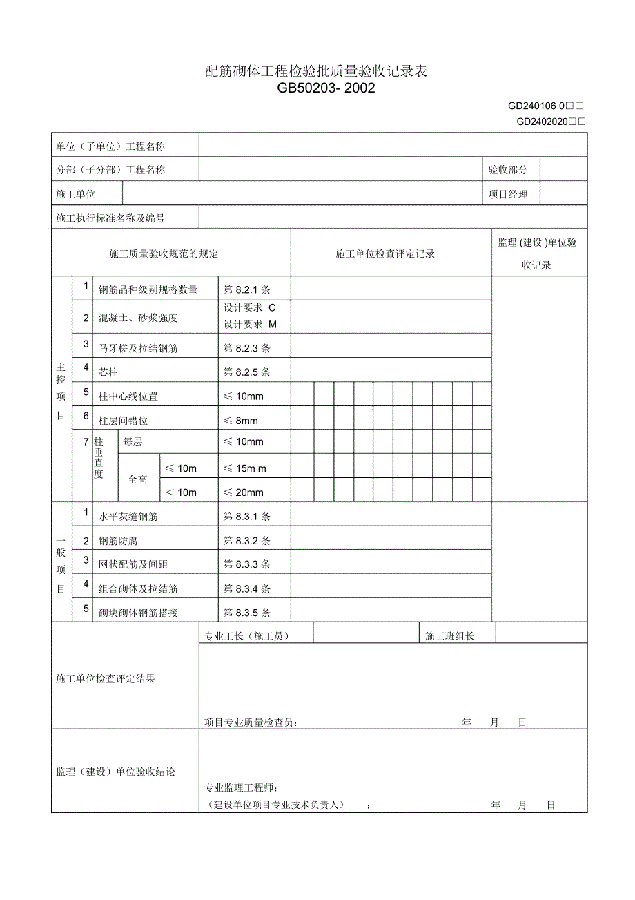 配筋砌体工程检验批质量验收记录表(GD2402020)_第1页