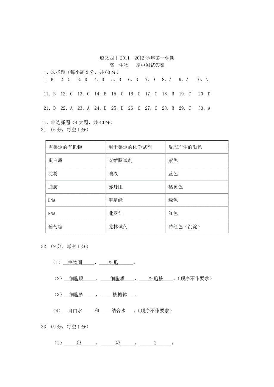 贵州省遵义四中11-12学年高一生物上学期期中考试试题_第5页