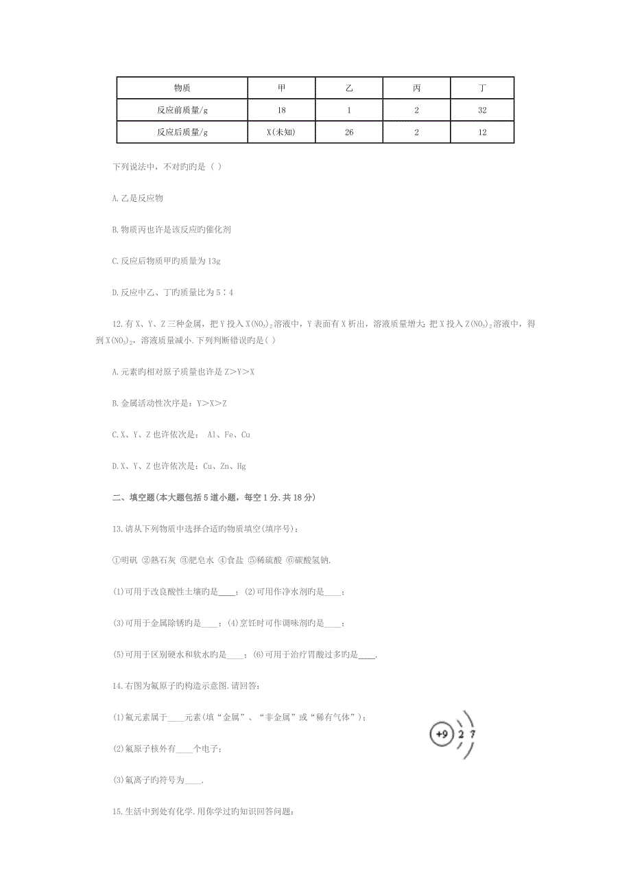 中考化学模拟试题及参考答案_第3页