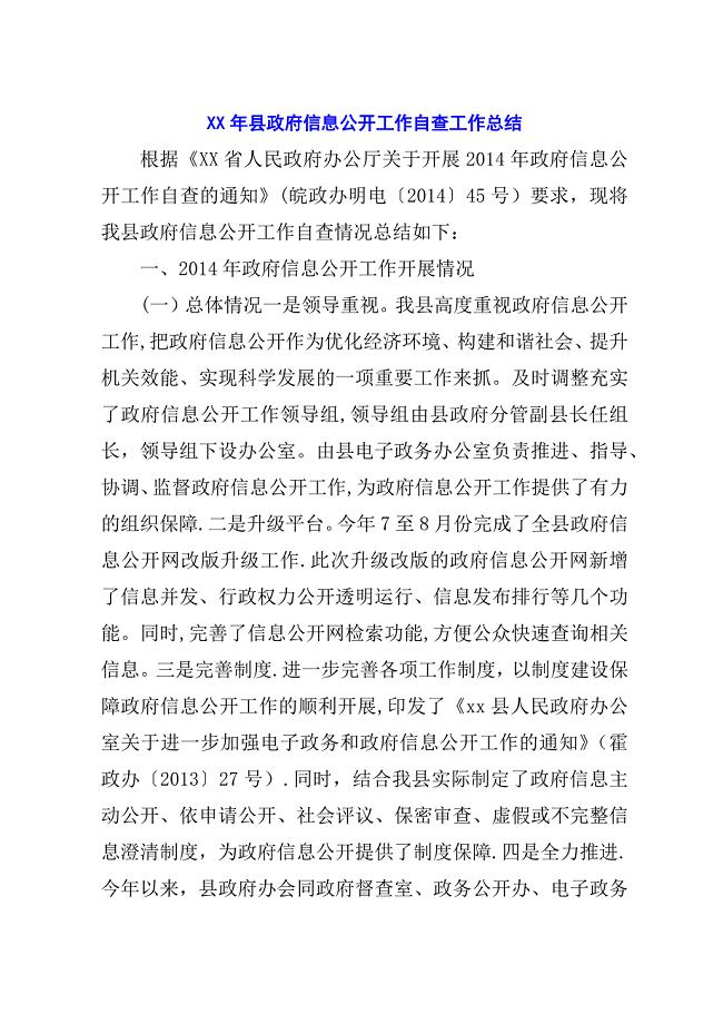 某年县政府信息公开工作自查工作总结.docx