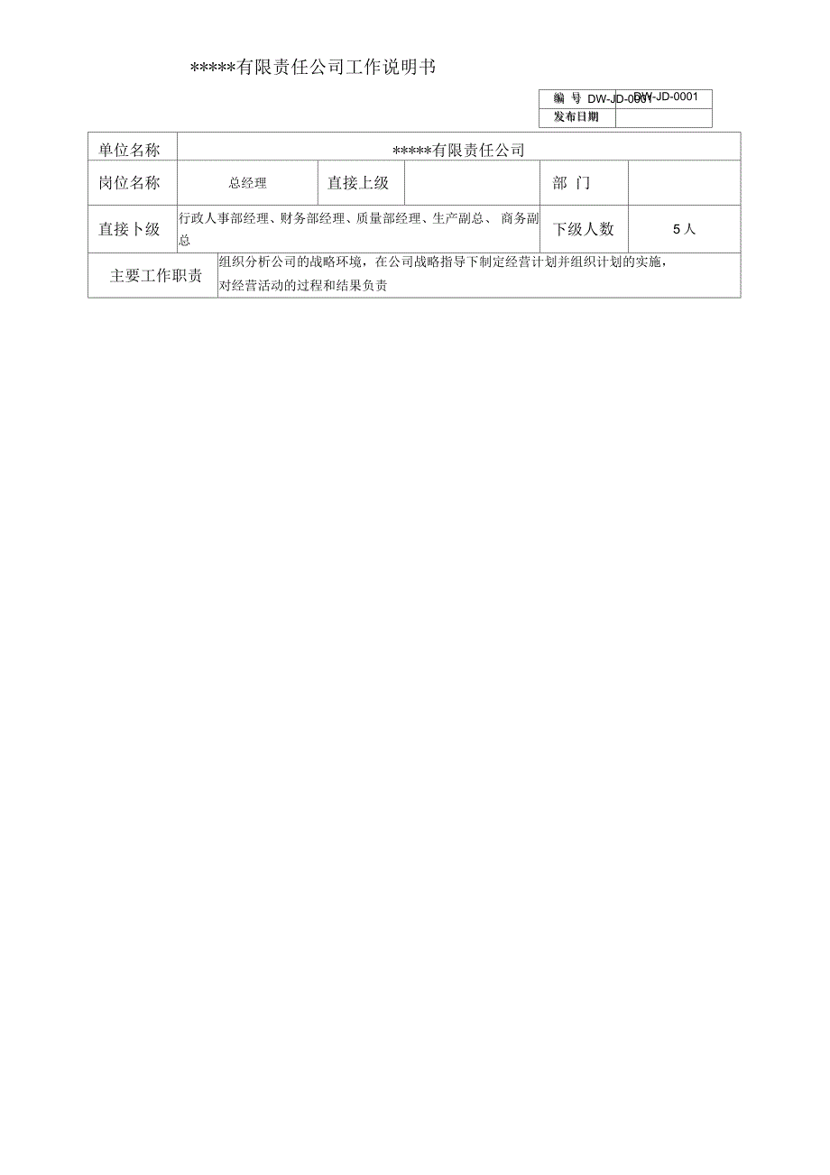 某中型制造业企业总经理工作说明书及KPI指标_第1页