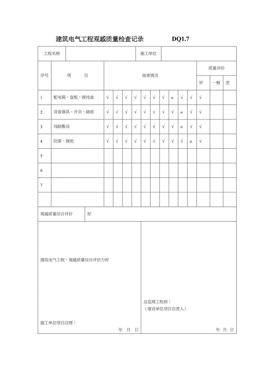 7.建筑电气工程观感质量检查记录 DQ1.7(天选打工人).docx_第1页