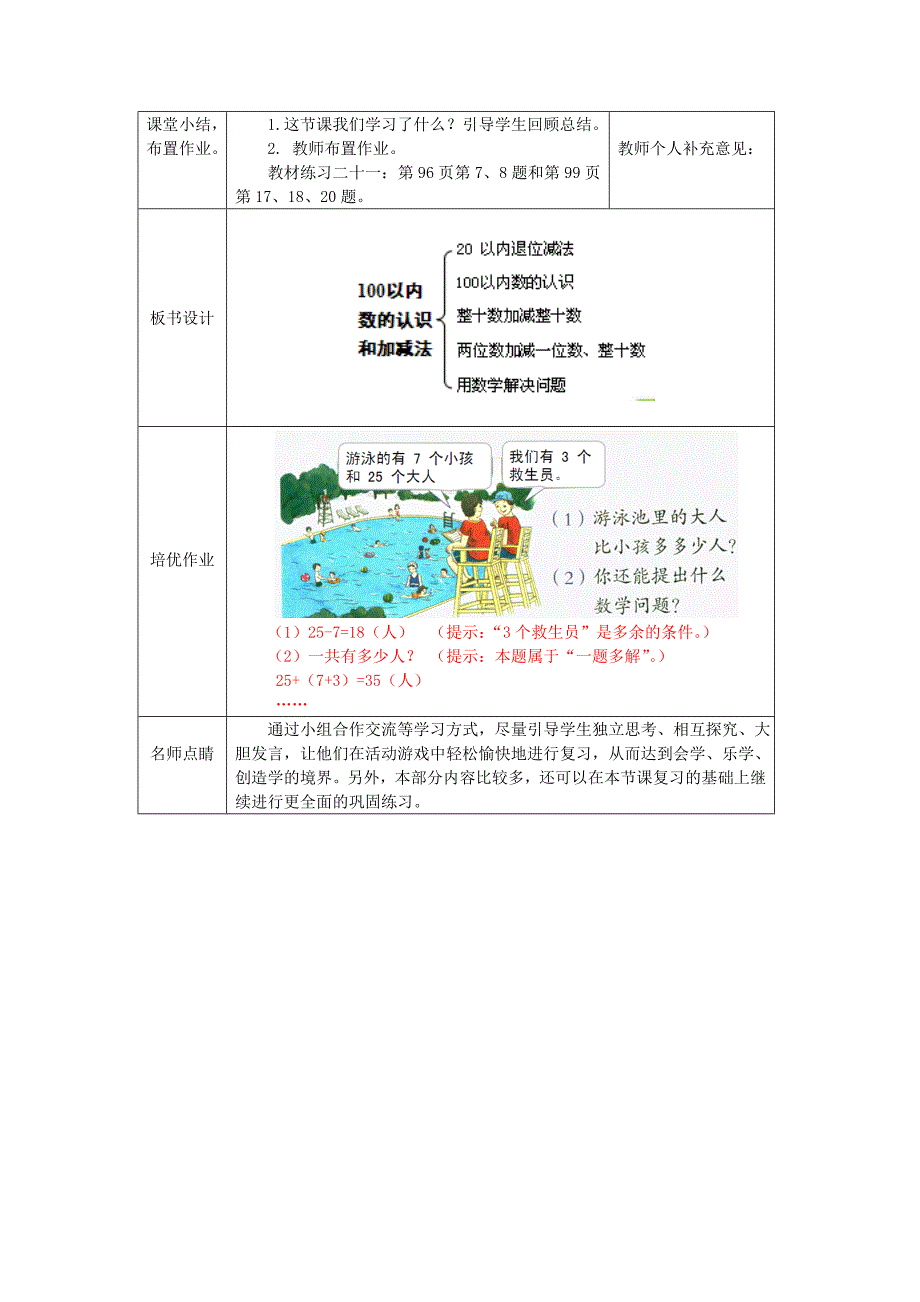 一年级数学下册 第8单元 总复习 第1课时 100以内数的认识和加减法教案 新人教版_第4页