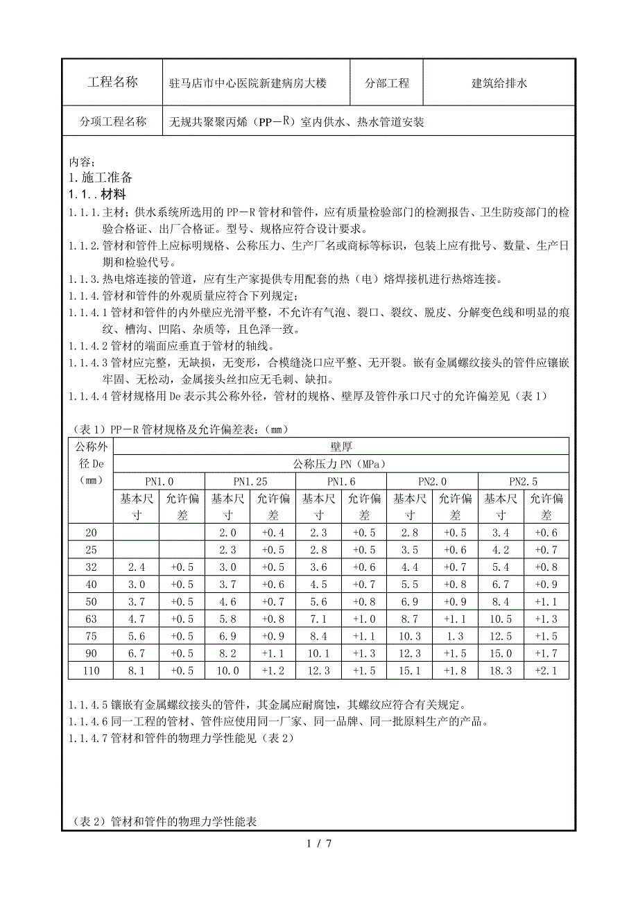 给水聚丙烯PPR管道安装技术交底_第1页