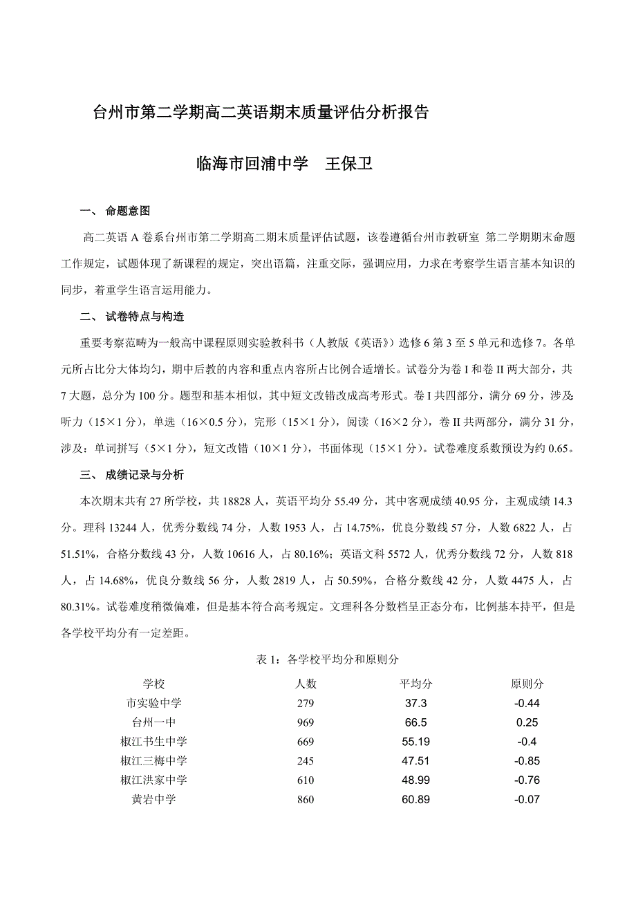 台州市第二学期高二英语期末质量评估分析报告_第1页