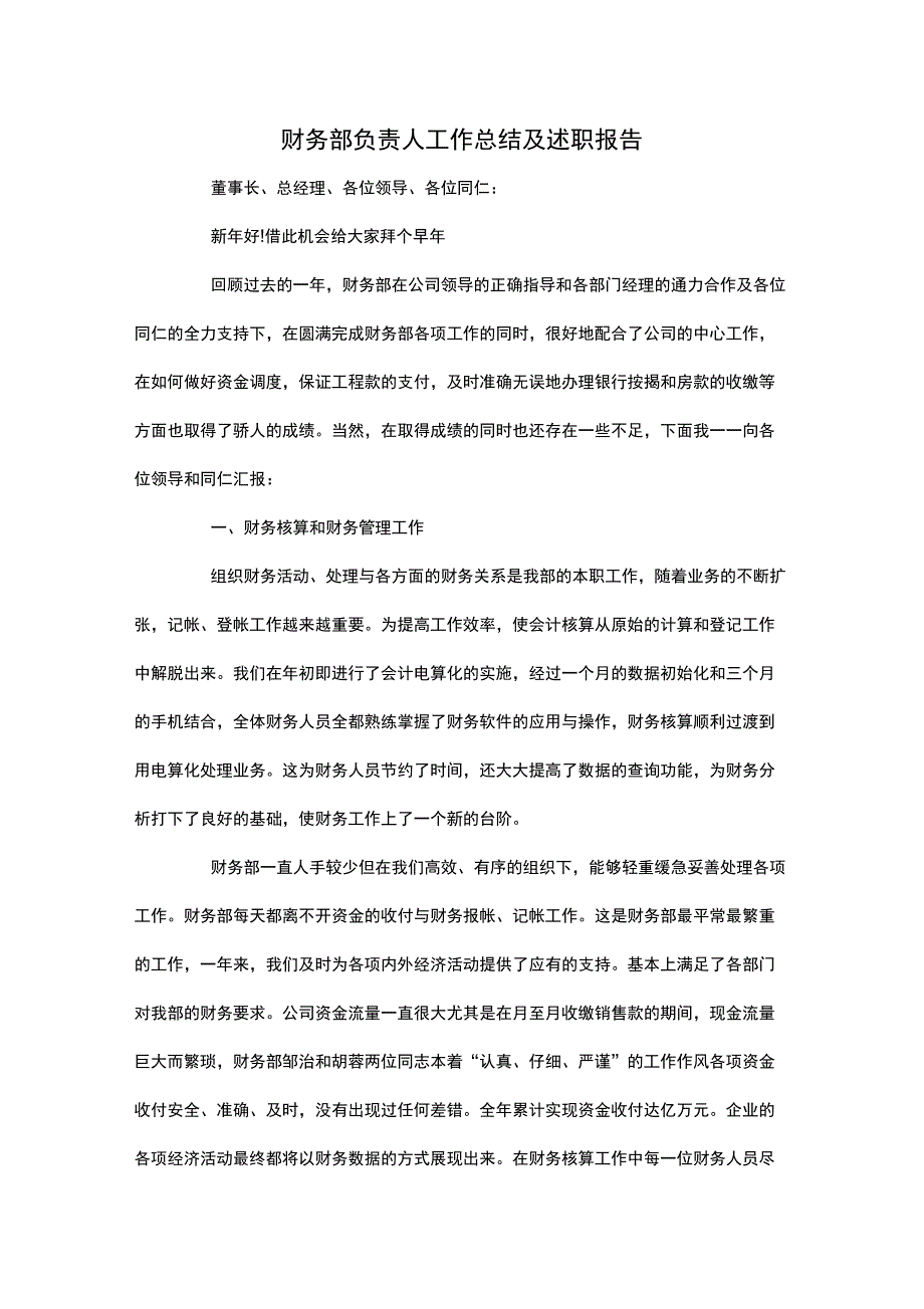 财务部负责人工作总结及述职报告_第1页