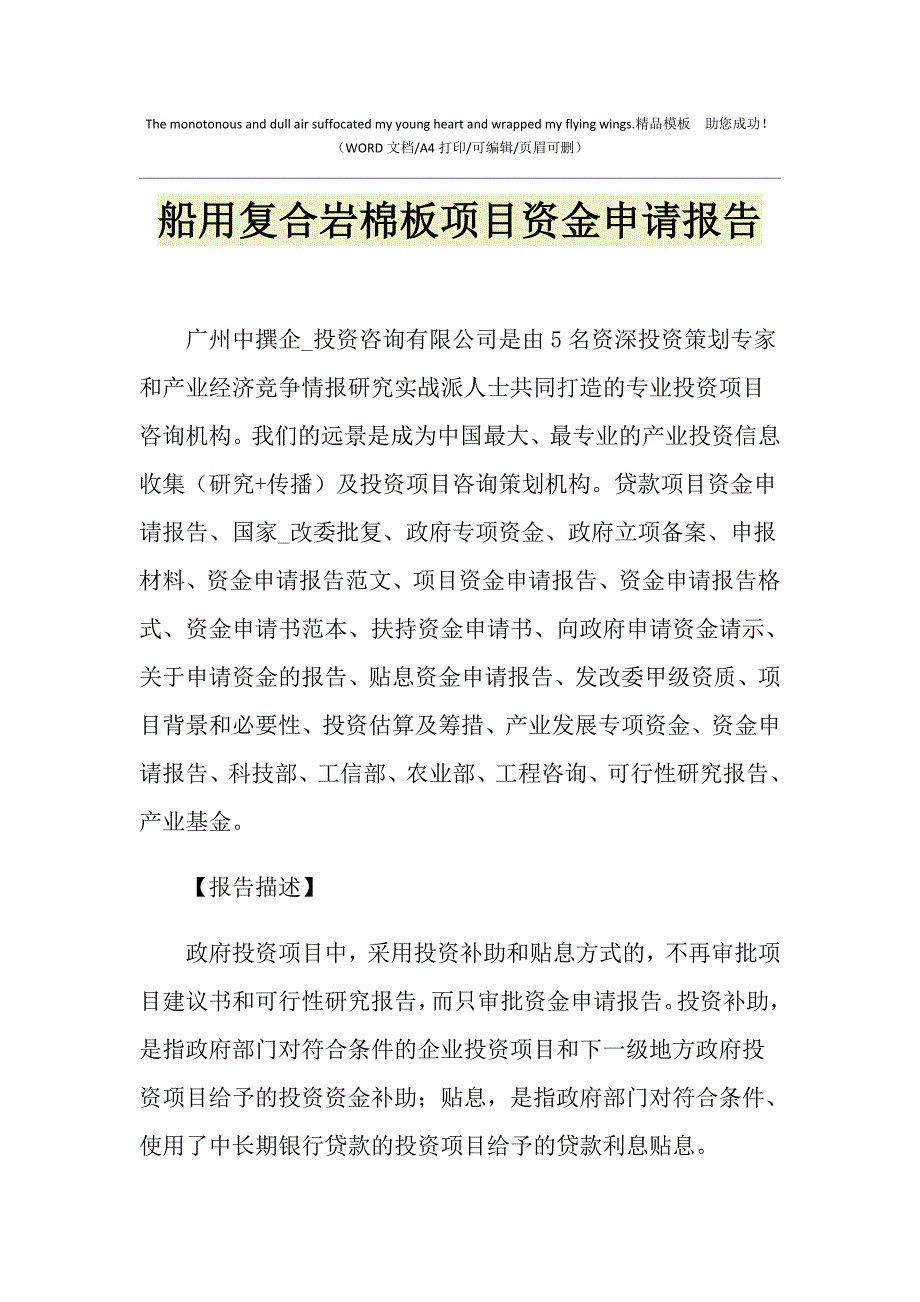 2021年船用复合岩棉板项目资金申请报告_第1页