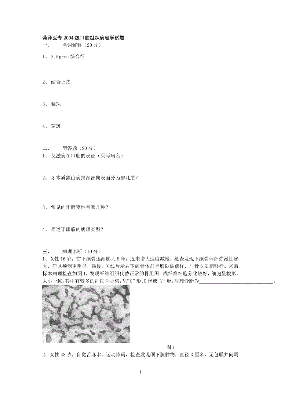 2004级口腔组织病理学试题_第1页