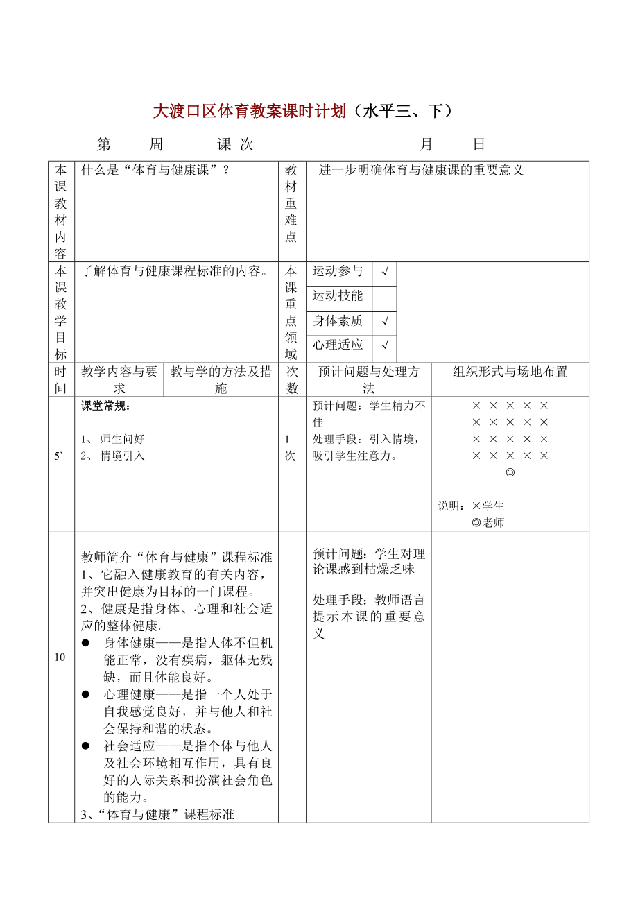 大渡口区六年级体育教案课时计划_第1页