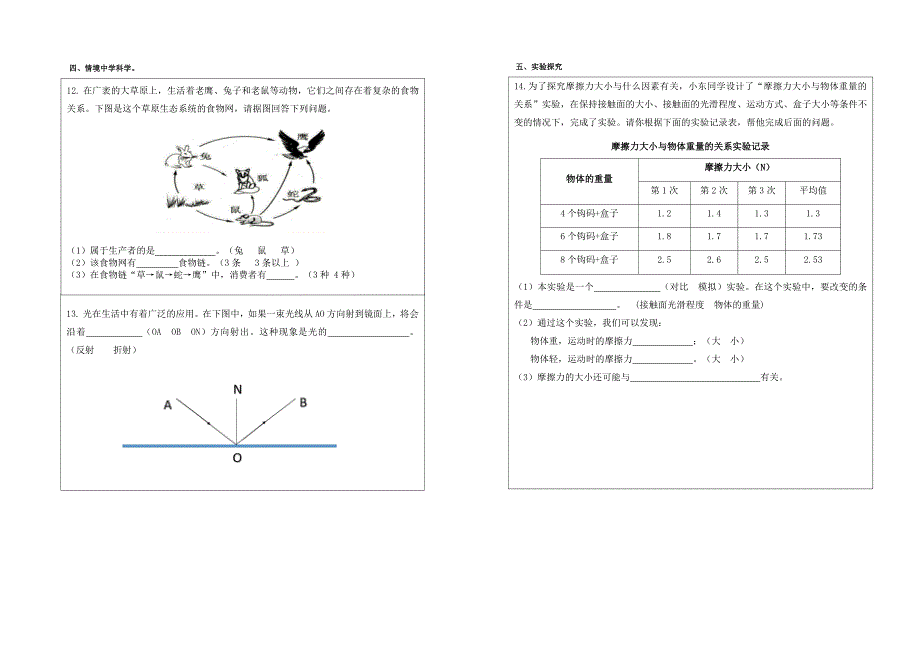 教科版五年级科学上册期末学生发展绿色指标评价测试（安徽合肥真卷含答案）_第2页