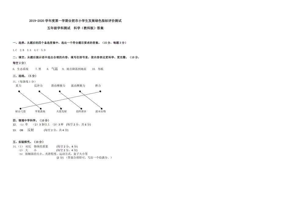 教科版五年级科学上册期末学生发展绿色指标评价测试（安徽合肥真卷含答案）_第4页