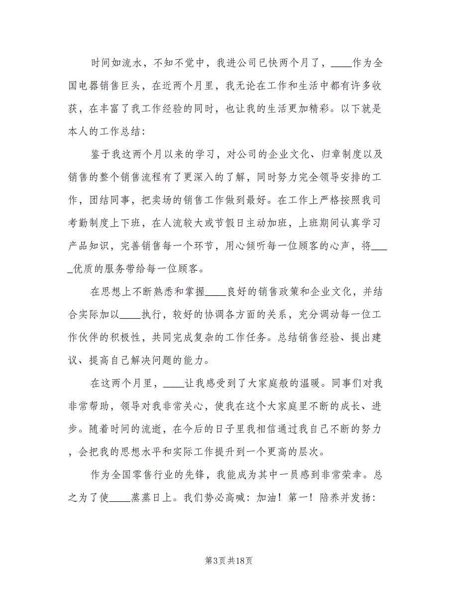 2023年销售人员试用期工作总结范文（9篇）_第3页