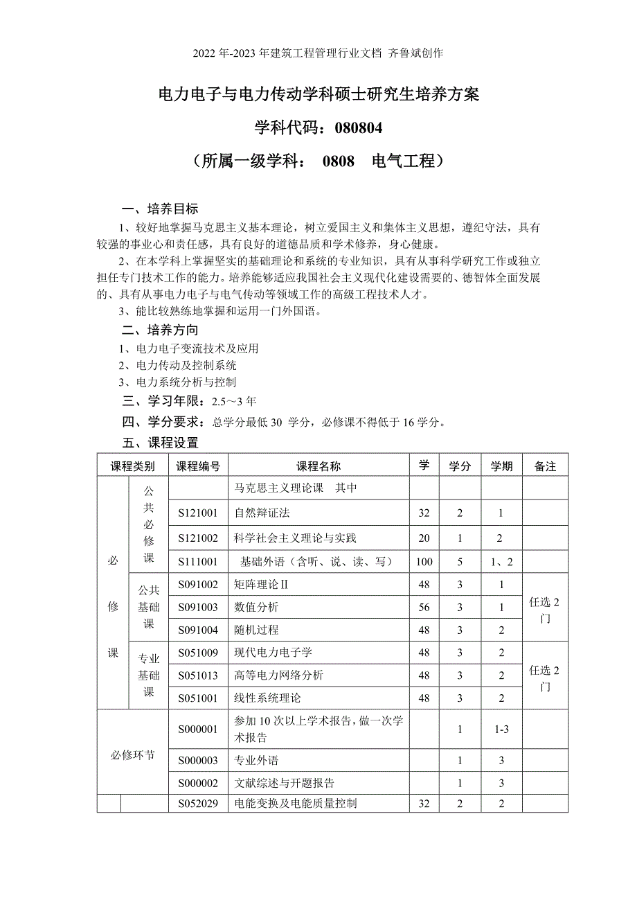 电力电子与电力传动学科硕士研究生培养方案_第1页