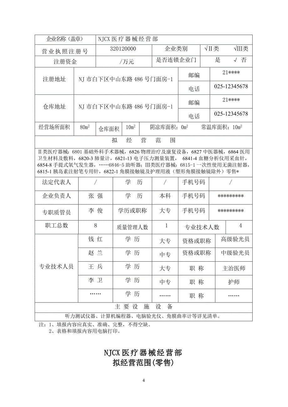 医疗器械经营企业开办申请材料范本资料_第4页