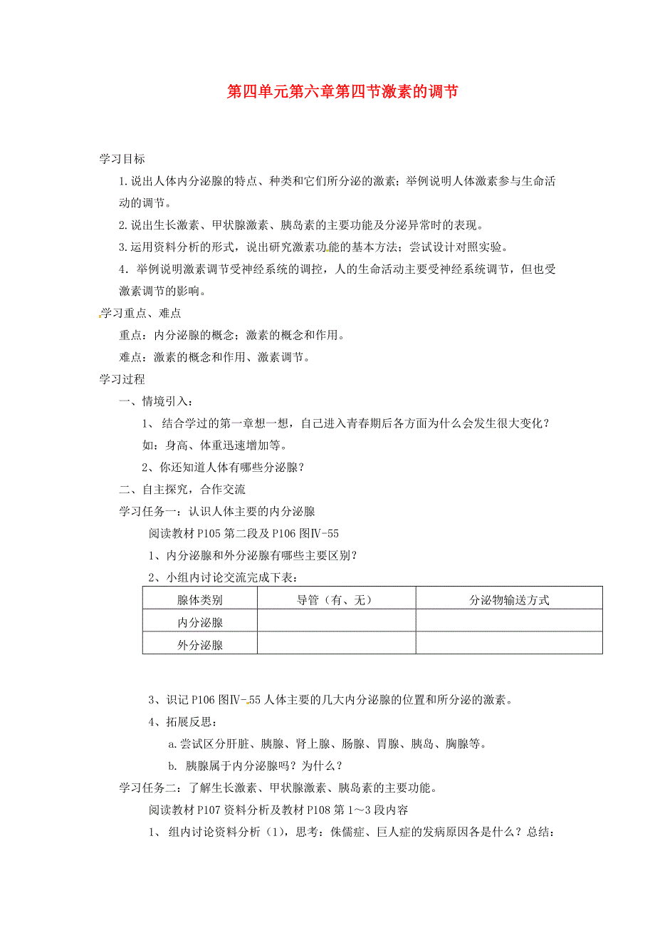 七年级生物下册6.4激素调节教案新人教版_第1页