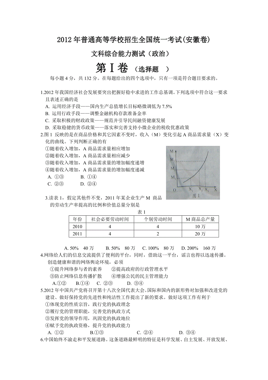 2012安徽高考文综政治试题及答案_第1页