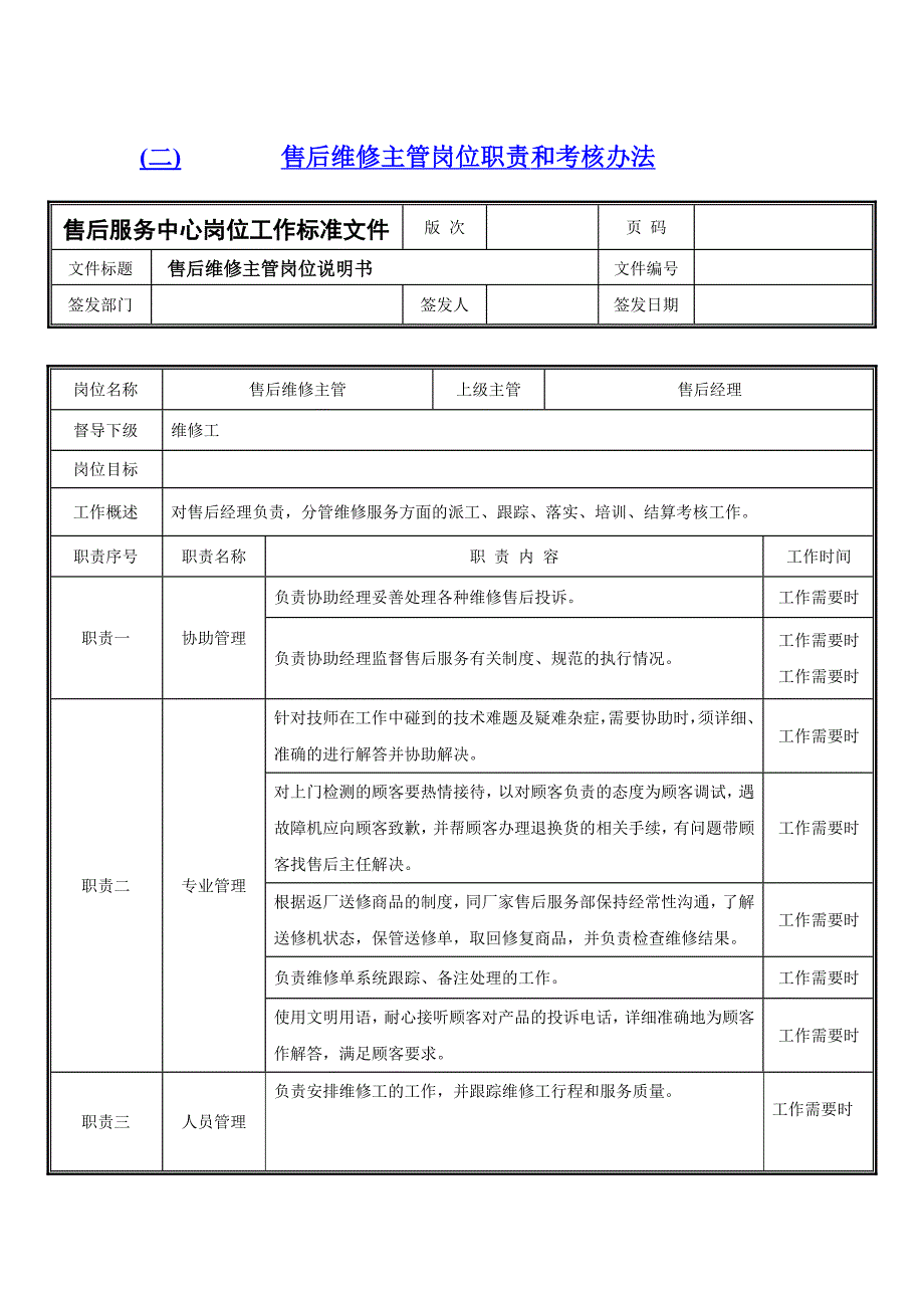 售后维修主管岗位职责和考核办法(新版).doc_第1页