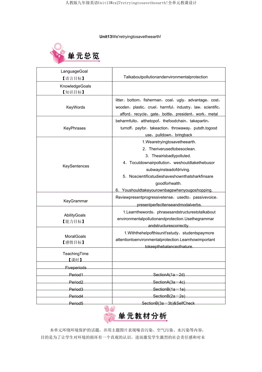 人教版九年级英语Unit13Wex27retryingtosavetheearth全单元教案.doc_第1页