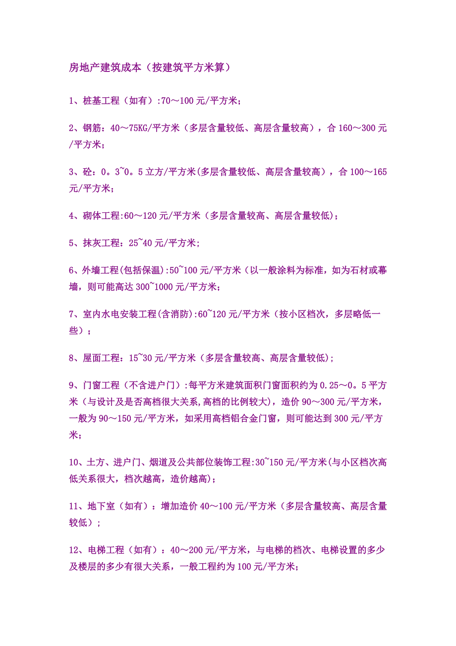 房地产建筑成本(按建筑平方米算)_第1页