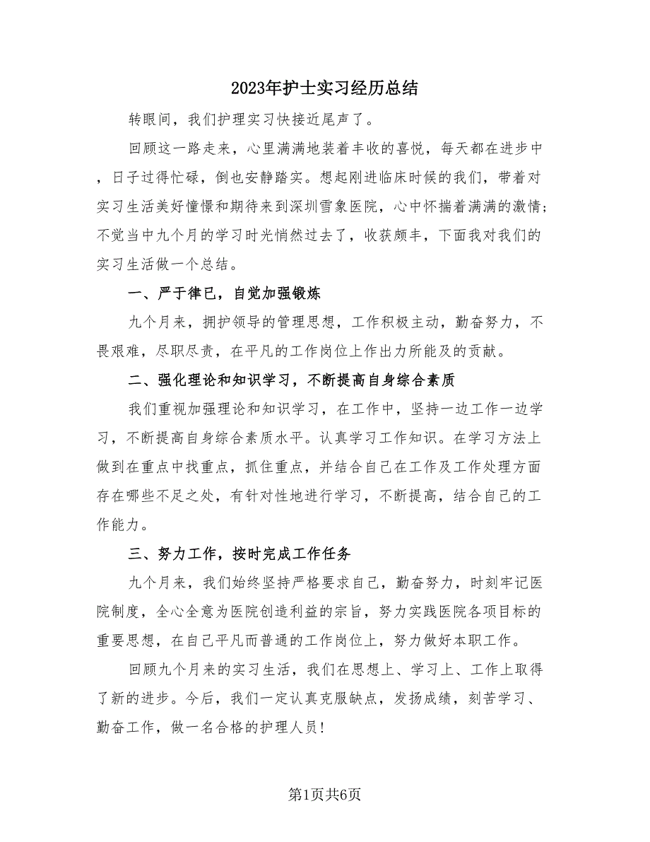 2023年护士实习经历总结（3篇）.doc_第1页