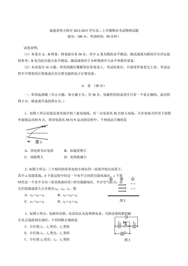 福建省师大附中2012-2013学年高二上学期期末考试物理试题.doc