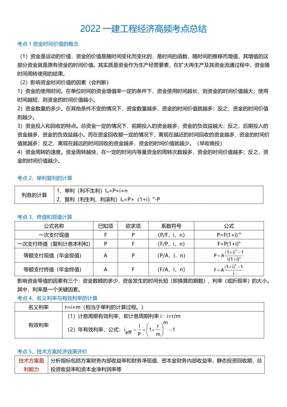 2022年一级建造师-经济-历年真题高频考点总结_第1页