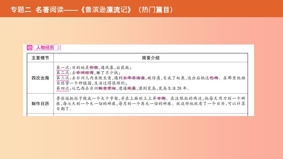 （安徽专用）2019年中考语文总复习 第二部分 语文积累与综合运用 专题二 名著阅读《鲁滨逊漂流记》课件.ppt_第4页