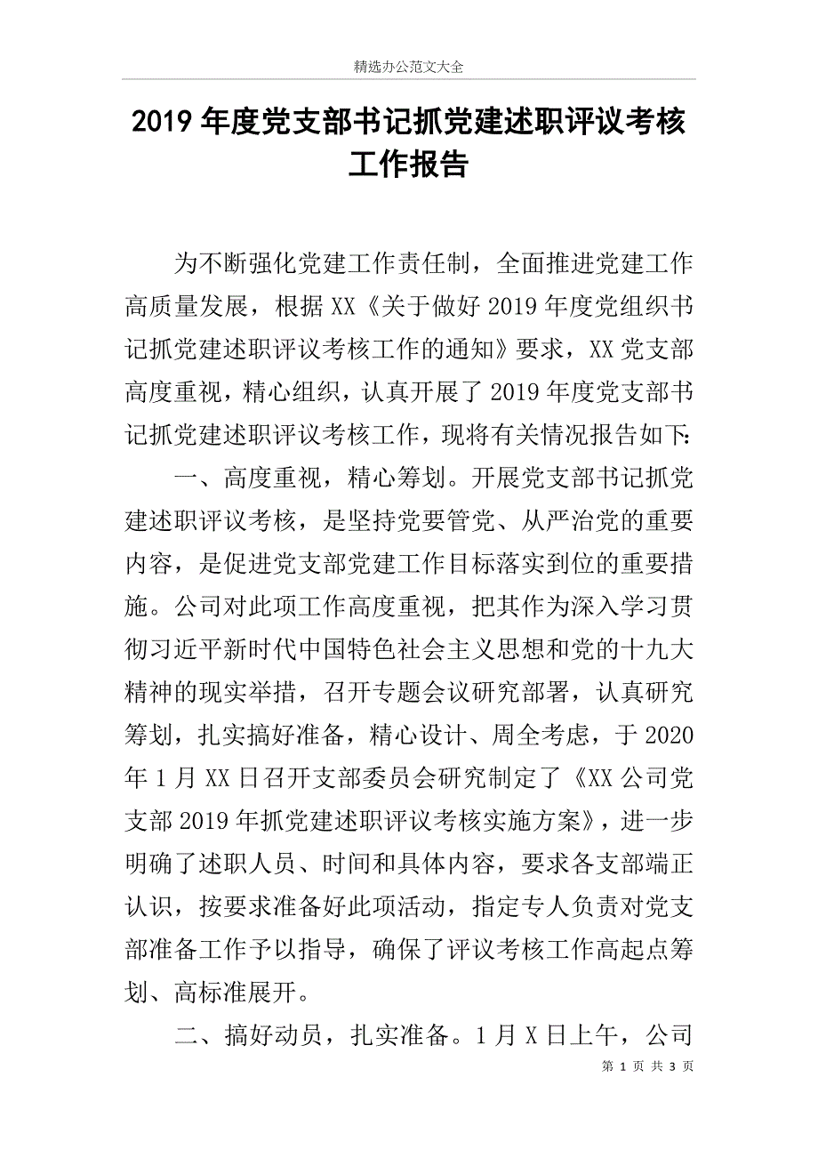 2019年度党支部书记抓党建述职评议考核工作报告_第1页