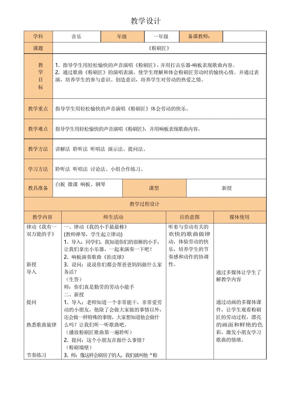 一年级下册音乐教案《粉刷匠》︳人音版 (五线谱)_第1页