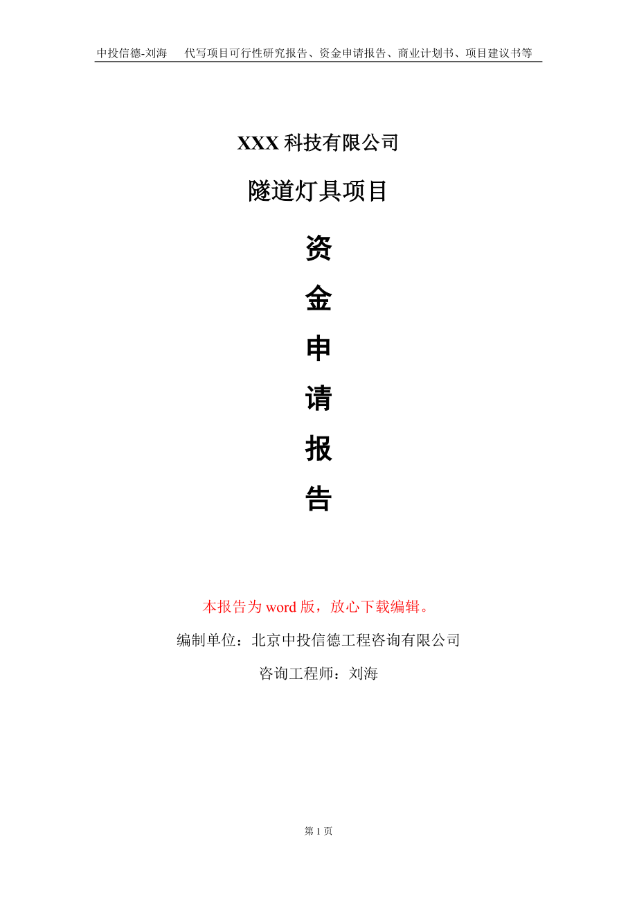 隧道灯具项目资金申请报告写作模板-定制代写_第1页