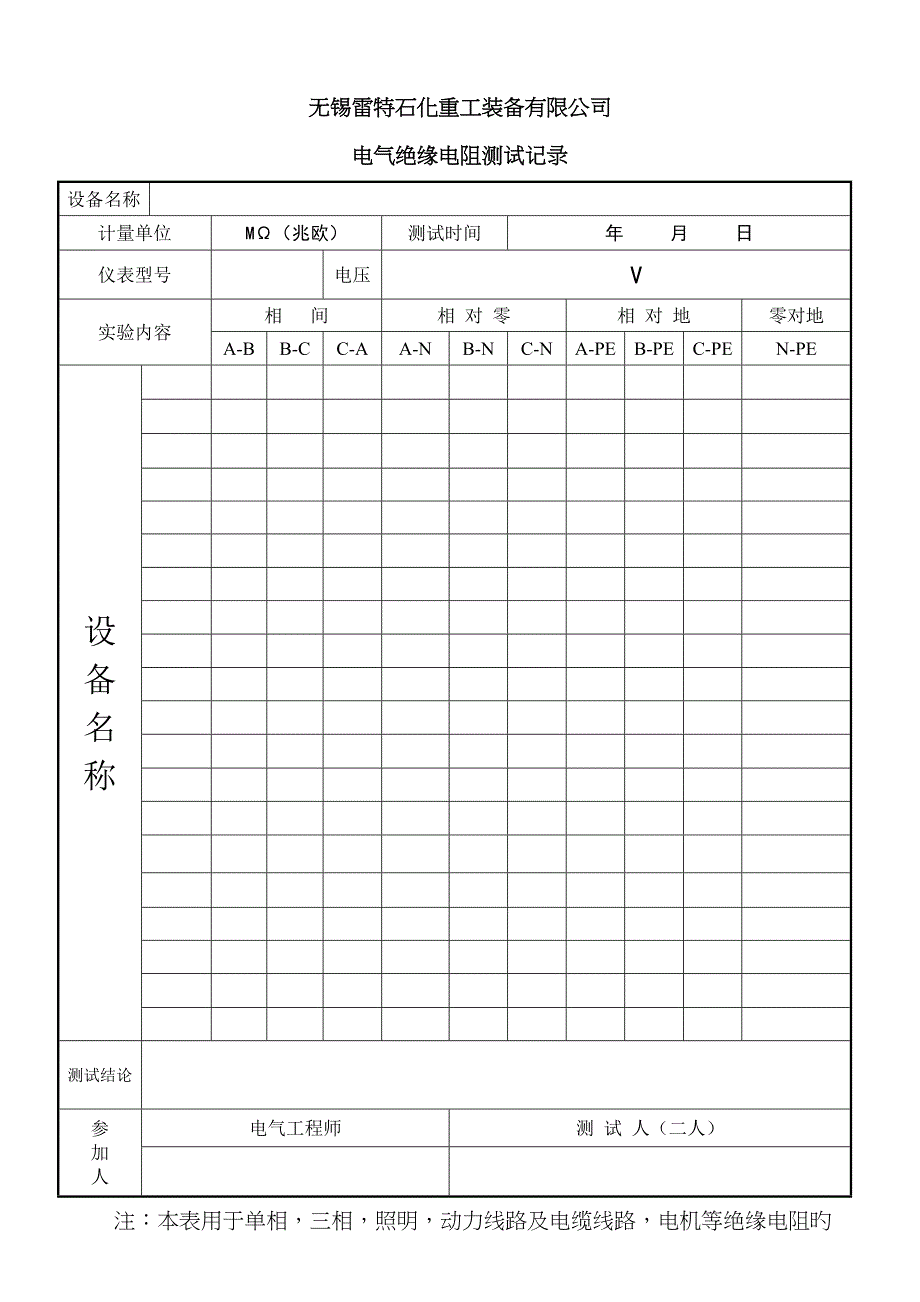 绝缘电阻测试记录表新_第1页