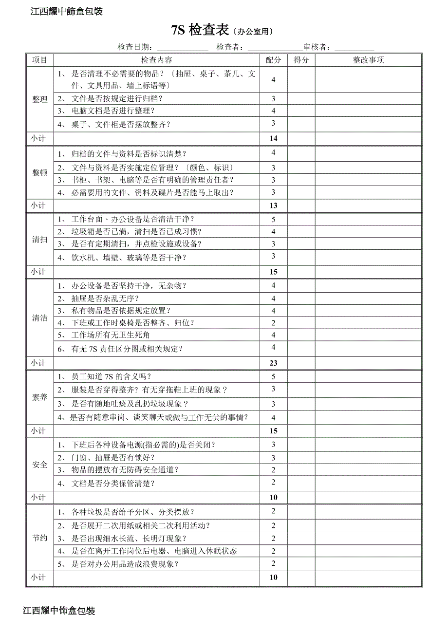 工厂7S检查表办公室7S检查表车间现场7S检查表_第1页