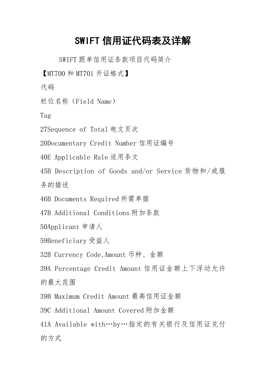 SWIFT信用证代码表及详解_第1页