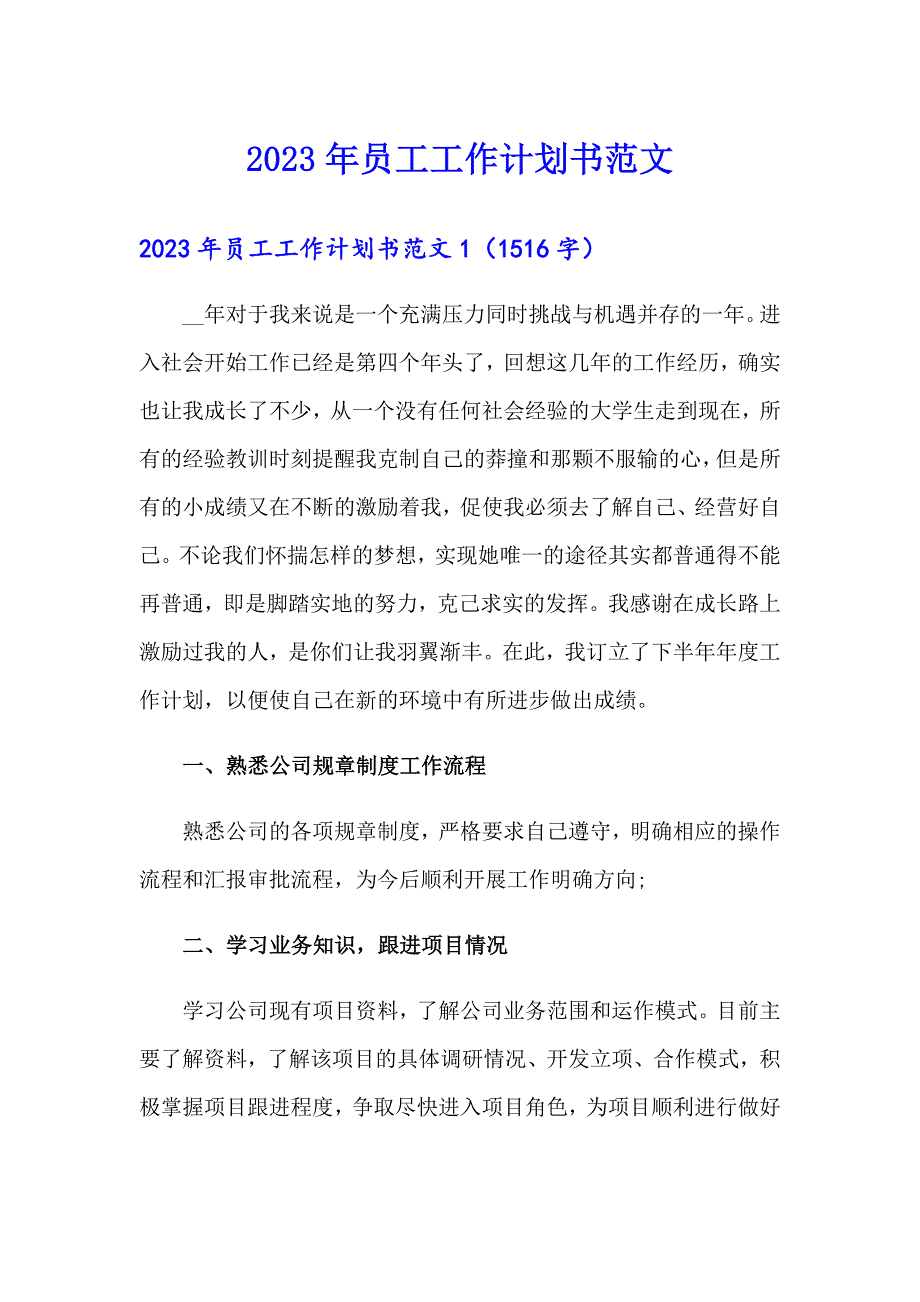 2023年员工工作计划书范文_第1页