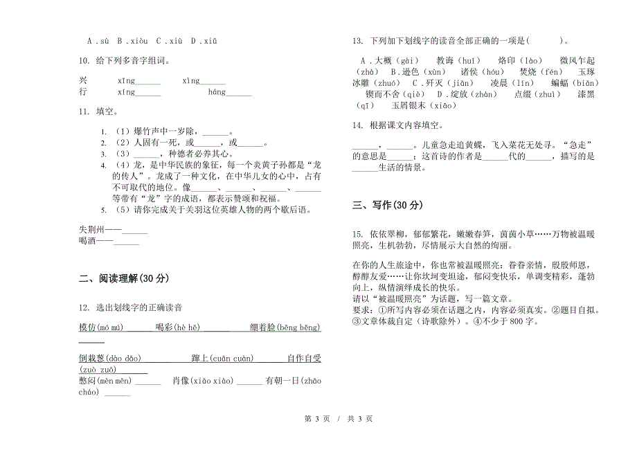 小学语文混合练习小升初模拟试卷D卷.docx_第3页