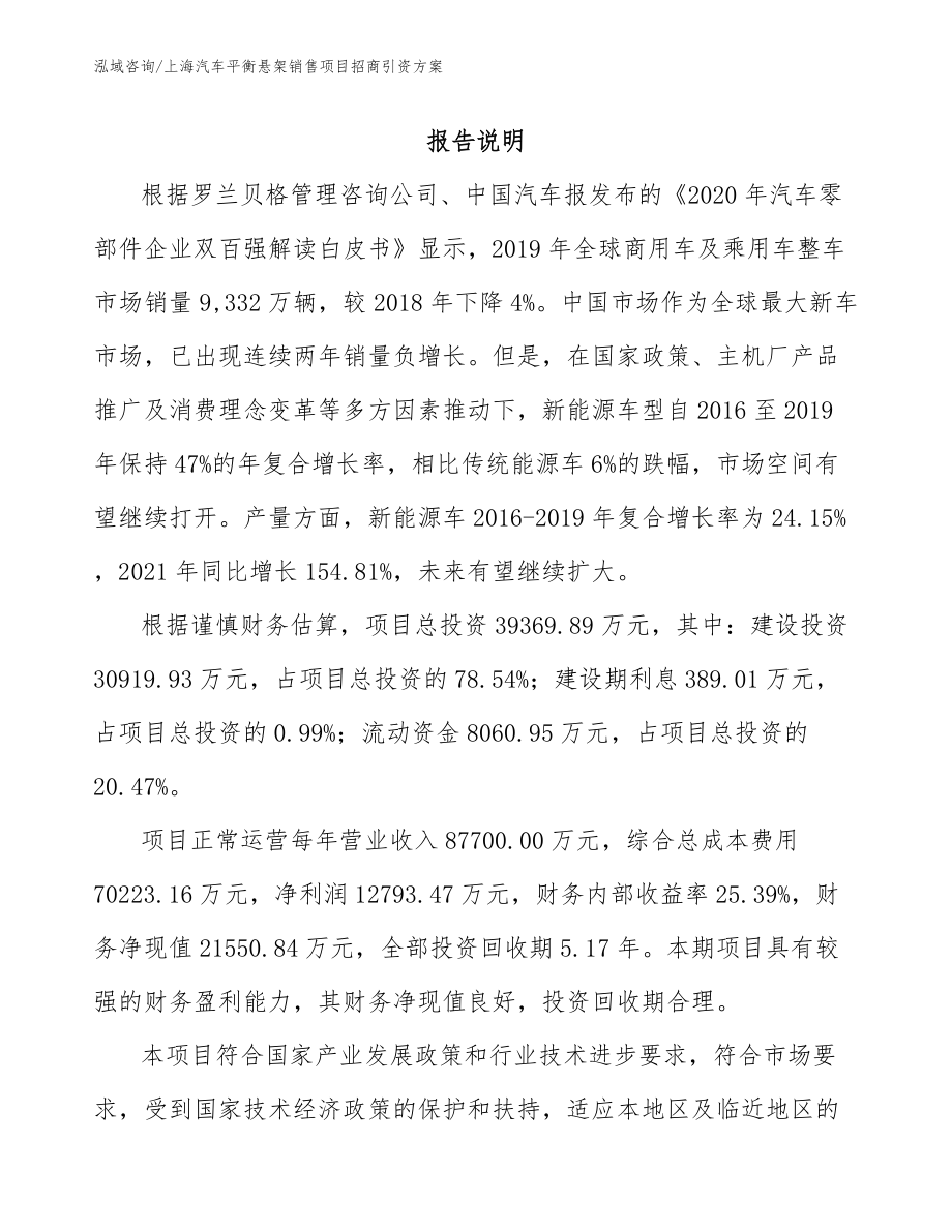 上海汽车平衡悬架销售项目招商引资方案【范文】_第1页
